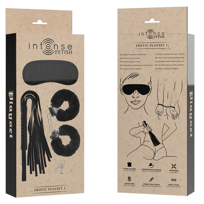 Intense – Fetisch Erotisches Spielset 1 mit Handschellen, Augenbinde und Flogger
