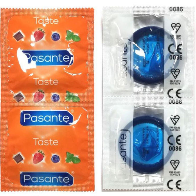 PASANTE - CONDOMS MET BOSBESSENSMAAK ZAK 144 STUKS