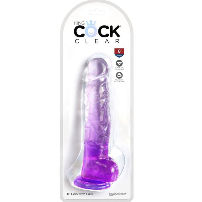 Pleasurements – King Cock – Clear Realistic Penis With Balls Purple 16.5 Cm