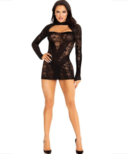LEG AVENUE - MINI DRESS WITH LACE LONG SLEEVE BLACK LEG AVENUE - MINI DRESS WITH LACE LONG SLEEVE BLACK