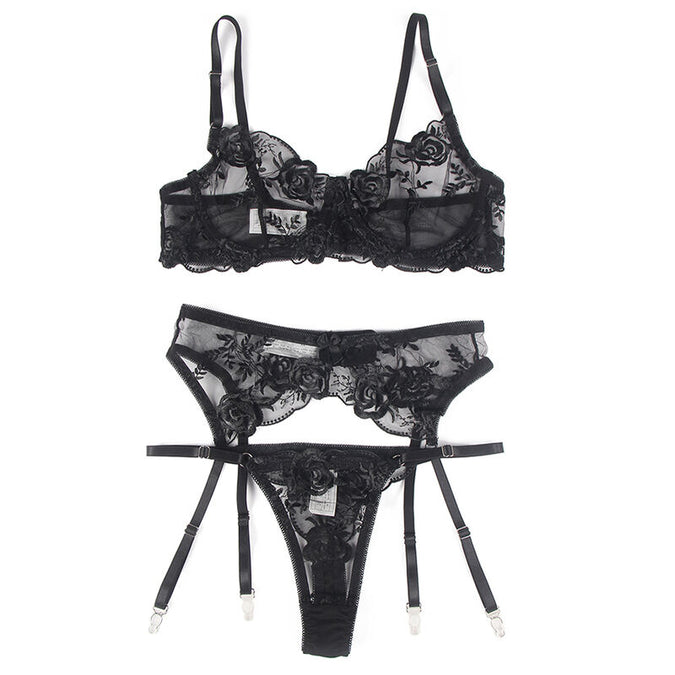 Subblime – Set van 3 stuks Beha + String + Jarretel Bloemenprint Zwart S/m
