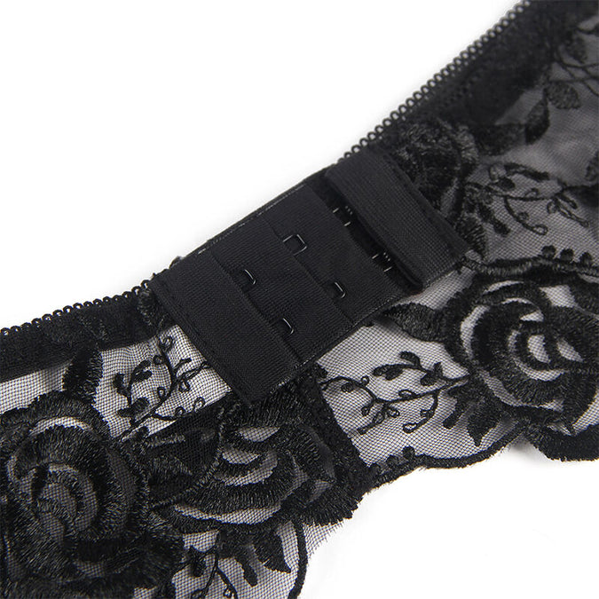 Subblime – Set van 3 stuks Beha + String + Jarretel Bloemenprint Zwart S/m