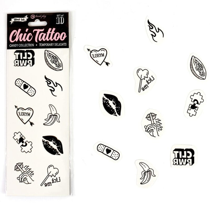 SECRET PLAY - SET VAN 10 TIJDELIJKE TATOEAGES MET SNOEPJES
