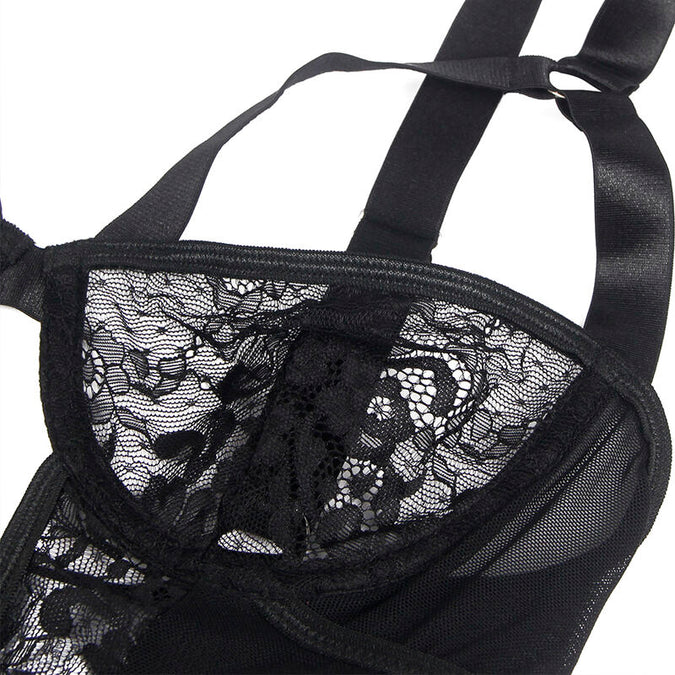 Subblime – Teddy met jarretel met kanten details en strepen zwart L/xl