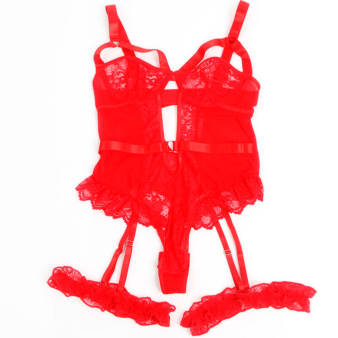 SUBBLIME - TEDDY MET JARRETEL MET KANT EN BANDJES ROOD L/XL