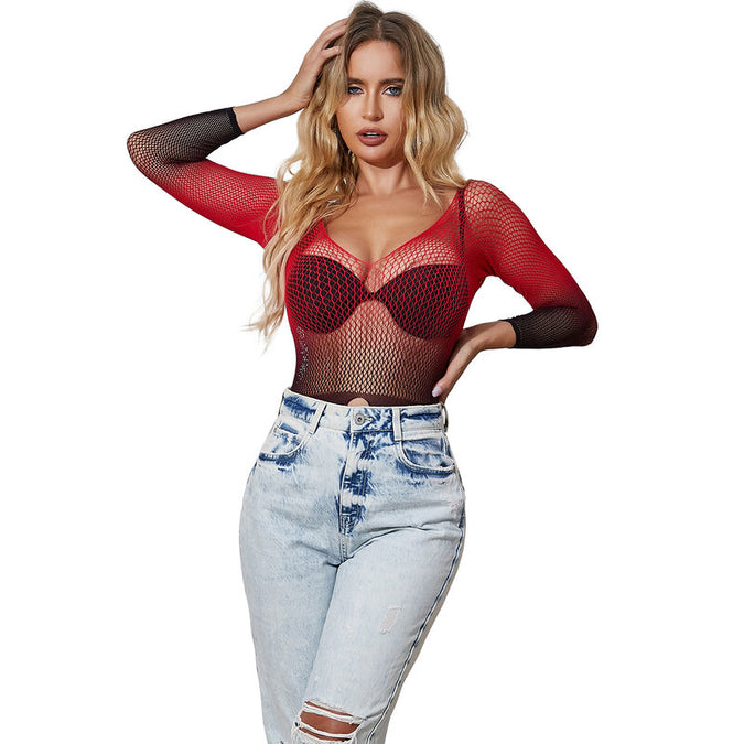 Subblime – 952259 Red And Black Gradient Long Sleeve Elastic Fishnet Dress One Size
