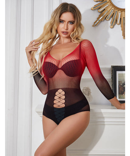 SUBBLIME - 952259 RED AND BLACK GRADIENT LONG SLEEVE ELASTIC FISHNET DRESS ONE SIZE SUBBLIME - 952259 RED AND BLACK GRADIENT LONG SLEEVE ELASTIC FISHNET DRESS ONE SIZE