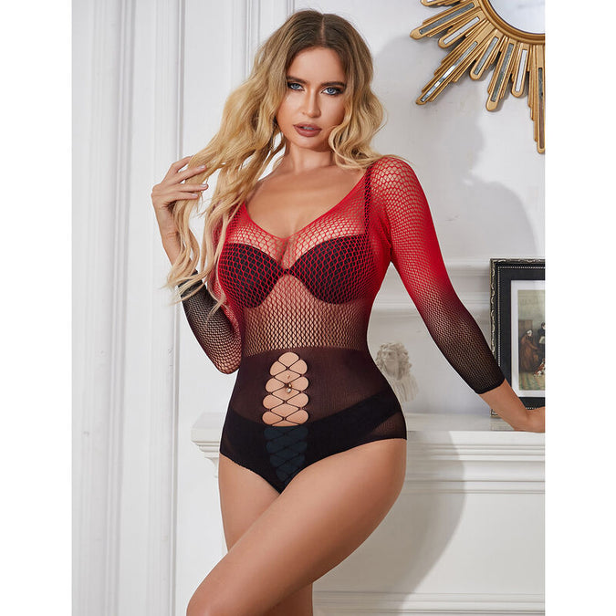 Subblime – 952259 Red And Black Gradient Long Sleeve Elastic Fishnet Dress One Size