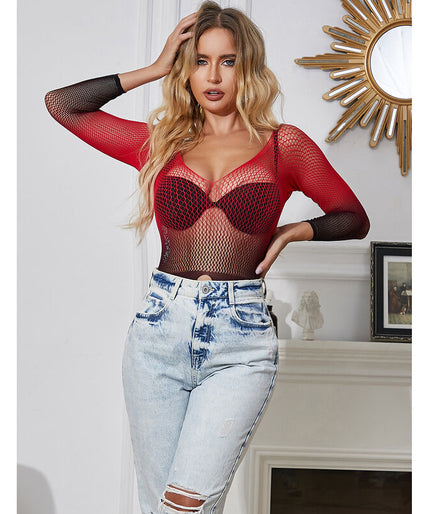 SUBBLIME - 952259 RED AND BLACK GRADIENT LONG SLEEVE ELASTIC FISHNET DRESS ONE SIZE SUBBLIME - 952259 RED AND BLACK GRADIENT LONG SLEEVE ELASTIC FISHNET DRESS ONE SIZE