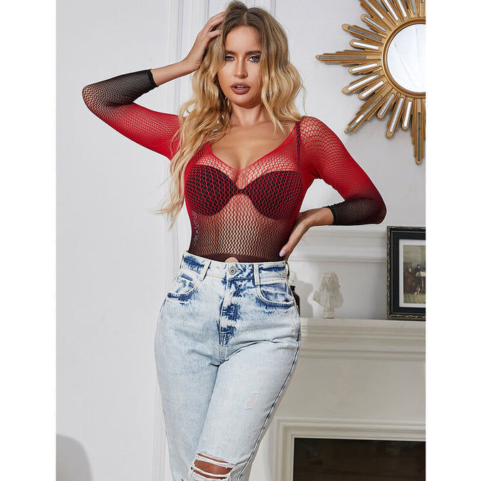 Subblime – 952259 Red And Black Gradient Long Sleeve Elastic Fishnet Dress One Size