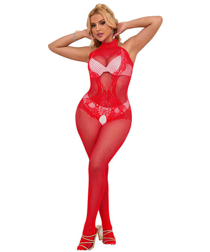Subblime – 952372 Fishnet And Lace Crotchless Bodystocking With High Neck Red One Size Subblime – 952372 Fishnet And Lace Crotchless Bodystocking With High Neck Red One Size