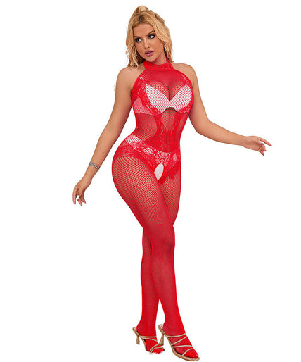 Subblime – 952372 Fishnet And Lace Crotchless Bodystocking With High Neck Red One Size Subblime – 952372 Fishnet And Lace Crotchless Bodystocking With High Neck Red One Size