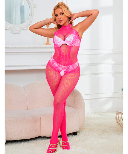 SUBBLIME - 952389 VISNET EN KANT CROTCHLESS BODYSTOCKING MET HOGE HALS ROZE EEN MAAT SUBBLIME - 952389 VISNET EN KANT CROTCHLESS BODYSTOCKING MET HOGE HALS ROZE EEN MAAT