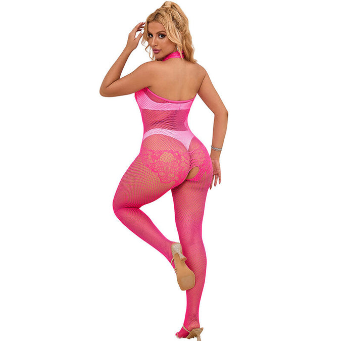 Subblime – 952389 Visnet en kant open kruis bodystocking met hoge hals Roze One Size