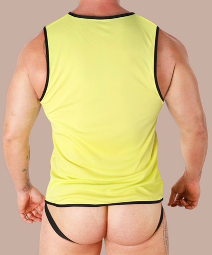 Macho – Gele T-shirt L/XL Pleasurements Macho geel mouwloos sportshirt van elastisch polyamide met zwarte bies voor een sensueel silhouet