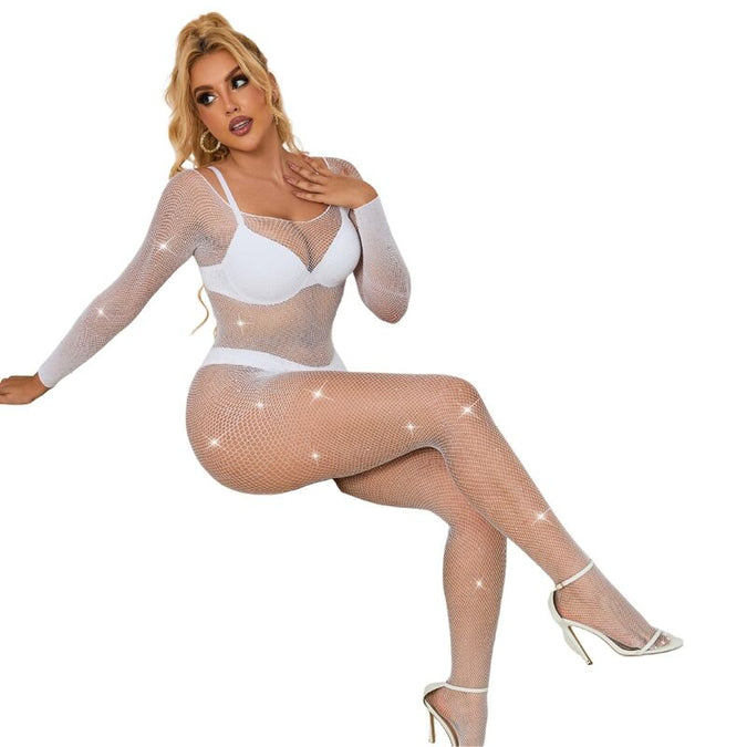 Subblime – 952396 Fishnet Bodystocking With Diamonds Long Sleeve White One Size