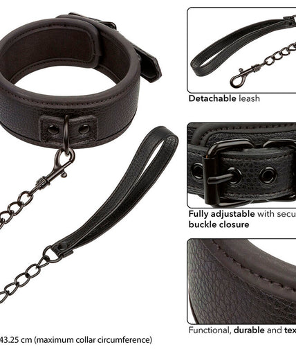 CALEXOTICS - NOCTURNAL COLLAR & LEASH LEATHER ADJUSTABLE BLACK CALEXOTICS - NOCTURNAL COLLAR & LEASH LEATHER ADJUSTABLE BLACK