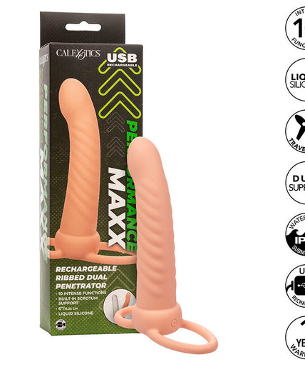 CALEXOTICS - MAXX RIBBED DUAL PENETRATOR 10 VIBRATIONS FLESH CALEXOTICS - MAXX RIBBED DUAL PENETRATOR 10 VIBRATIONS FLESH