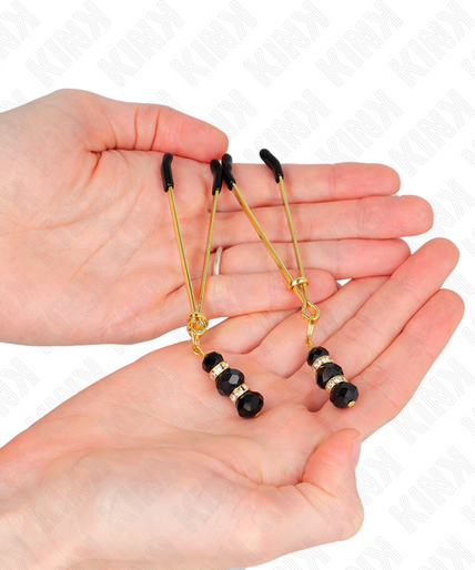 KINK - GOLD THIN NIPPLE CLAMPS WITH 3 BLACK GLASS BEADS 7 CM KINK - GOLD THIN NIPPLE CLAMPS WITH 3 BLACK GLASS BEADS 7 CM