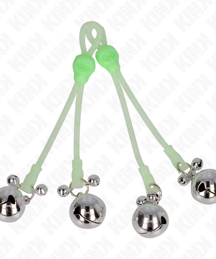 KINK - LUMINOUS SKULL NIPPLE CLAMPS WITH RING BELLS ADJUSTABLE GREEN / SILVER KINK - LUMINOUS SKULL NIPPLE CLAMPS WITH RING BELLS ADJUSTABLE GREEN / SILVER