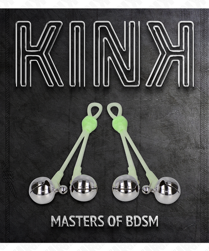 KINK - LUMINOUS SKULL NIPPLE CLAMPS WITH RING BELLS ADJUSTABLE GREEN / SILVER KINK - LUMINOUS SKULL NIPPLE CLAMPS WITH RING BELLS ADJUSTABLE GREEN / SILVER