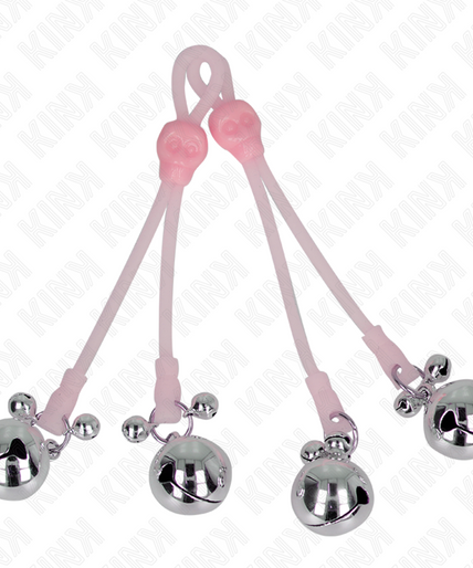 KINK - LUMINOUS SKULL NIPPLE CLAMPS WITH RING BELLS ADJUSTABLE PINK / SILVER KINK - LUMINOUS SKULL NIPPLE CLAMPS WITH RING BELLS ADJUSTABLE PINK / SILVER