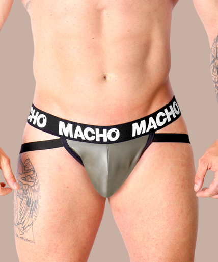 Macho – Mx27gr Leather Jock Gray Beige XL Pleasurements Macho Mx27gr jockstrap in grijsbeige imitatieleer met een elastische Macho-tailleband