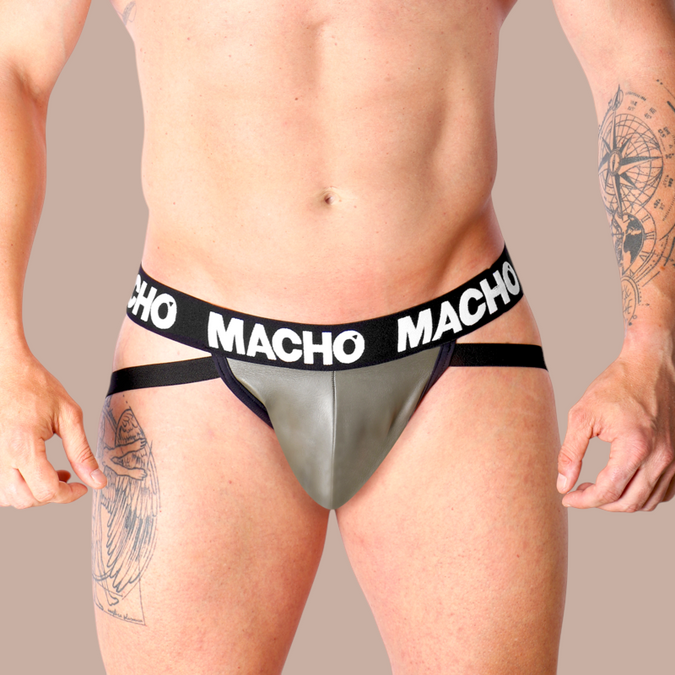 Pleasurements Macho Mx27gr jockstrap in grijsbeige imitatieleer met een elastische Macho-tailleband