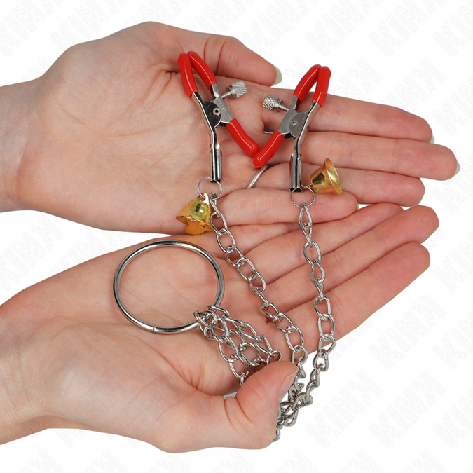Kink – Bel Drievoudige Tepel- en Clitoris Klemmen Rood met Ketting 30 cm