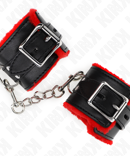 KINK - FUR LINED WRIST RESTRAINTS WITH SQUARE HOLES RED AND BLACK BELT ADJUSTABLE 17-29 CM X 6 CM KINK - FUR LINED WRIST RESTRAINTS WITH SQUARE HOLES RED AND BLACK BELT ADJUSTABLE 17-29 CM X 6 CM