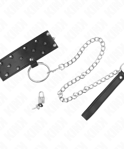KINK - NECKLACE WITH LEASH 65 CM WITH SILVER STUDS MODEL 5 ADJUSTABLE 36-43 CM X 5 CM KINK - NECKLACE WITH LEASH 65 CM WITH SILVER STUDS MODEL 5 ADJUSTABLE 36-43 CM X 5 CM