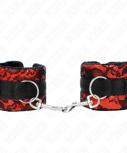 KINK - SHORT VELVET LACE WRIST RESTRAINTS AND NYLON BIND RED / BLACK 23 X 6.5 CM KINK - SHORT VELVET LACE WRIST RESTRAINTS AND NYLON BIND RED / BLACK 23 X 6.5 CM