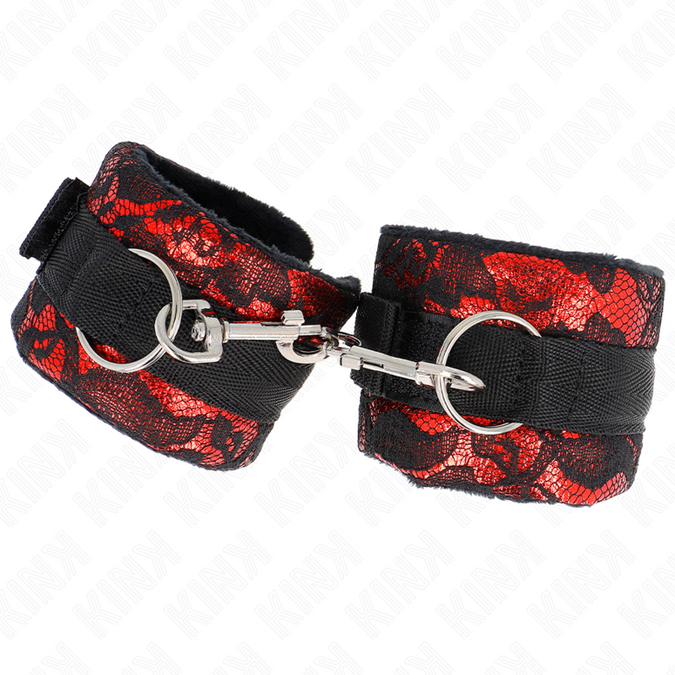 KINK – KORTE FLUWELEN KANTEN POLSBANDEN EN NYLON BIND ROOD/ZWART 23 X 6,5 CM