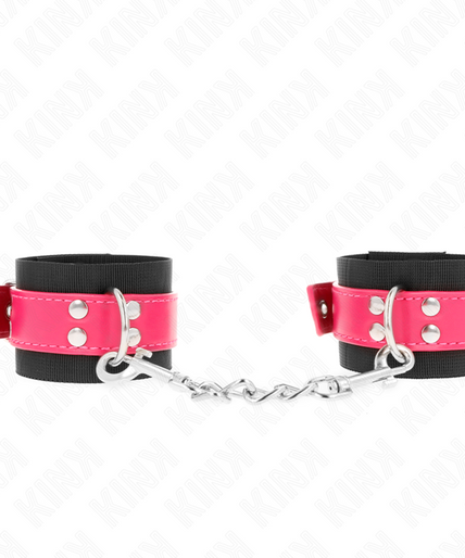 KINK - NYLON WRIST RESTRAINTS BLACK WITH LEATHERETTE BELT RASPBERRY ROSE ADJUSTABLE 19-29 CM X 5.1 CM KINK - NYLON WRIST RESTRAINTS BLACK WITH LEATHERETTE BELT RASPBERRY ROSE ADJUSTABLE 19-29 CM X 5.1 CM