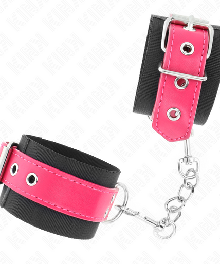KINK - NYLON WRIST RESTRAINTS BLACK WITH LEATHERETTE BELT RASPBERRY ROSE ADJUSTABLE 19-29 CM X 5.1 CM KINK - NYLON WRIST RESTRAINTS BLACK WITH LEATHERETTE BELT RASPBERRY ROSE ADJUSTABLE 19-29 CM X 5.1 CM