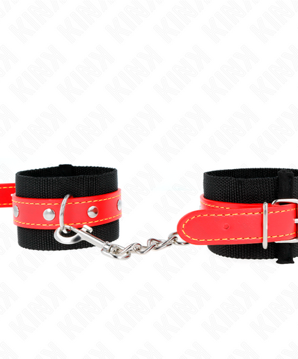 KINK - NYLON WRIST RESTRAINTS BLACK WITH LEATHERETTE RED ADJUSTABLE 19-24 CM X 5.5 CM KINK - NYLON WRIST RESTRAINTS BLACK WITH LEATHERETTE RED ADJUSTABLE 19-24 CM X 5.5 CM