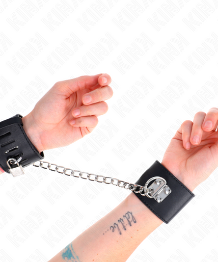 KINK - FIXED WRIST RESTRAINTS WITH CHAIN 30 CM AND PADLOCK CLOSURE BLACK ADJUSTABLE 16-23 CM X 5.5 CM KINK - FIXED WRIST RESTRAINTS WITH CHAIN 30 CM AND PADLOCK CLOSURE BLACK ADJUSTABLE 16-23 CM X 5.5 CM