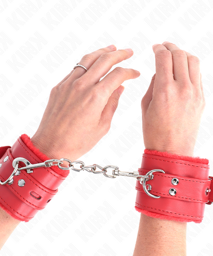 KINK - FUR LINED WRIST RESTRAINTS WITH SQUARE HOLES RED AND RED BELT ADJUSTABLE 17-29 CM X 6 CM KINK - FUR LINED WRIST RESTRAINTS WITH SQUARE HOLES RED AND RED BELT ADJUSTABLE 17-29 CM X 6 CM