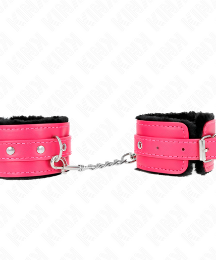 KINK - PREMIUM FUR LINED WRIST RESTRAINTS BLACK WITH RASPBERRY ROSE BELT ADJUSTABLE 17-29 CM X 6 CM KINK - PREMIUM FUR LINED WRIST RESTRAINTS BLACK WITH RASPBERRY ROSE BELT ADJUSTABLE 17-29 CM X 6 CM