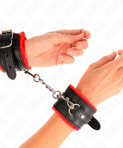 KINK - PREMIUM FUR LINED WRIST RESTRAINTS RED WITH BLACK BELT ADJUSTABLE 17-29 CM X 6 CM KINK - PREMIUM FUR LINED WRIST RESTRAINTS RED WITH BLACK BELT ADJUSTABLE 17-29 CM X 6 CM