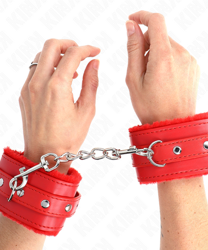 KINK - PREMIUM FUR LINED WRIST RESTRAINTS RED WITH RED BELT ADJUSTABLE 17-29 CM X 6 CM KINK - PREMIUM FUR LINED WRIST RESTRAINTS RED WITH RED BELT ADJUSTABLE 17-29 CM X 6 CM