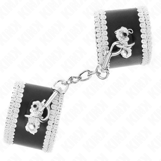 Kink – Zwarte polsboeien met witte decoratieve kant, verstelbaar 20 – 23 cm x 5,5 cm