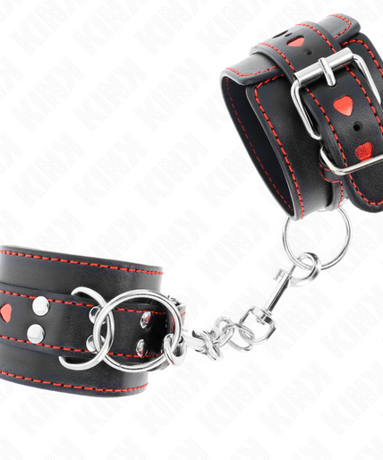 KINK - BLACK WRIST RESTRAINTS WITH RED HEART INLAY ADJUSTABLE 21-28 CM X 5.5 CM KINK - BLACK WRIST RESTRAINTS WITH RED HEART INLAY ADJUSTABLE 21-28 CM X 5.5 CM