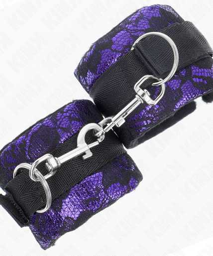 KINK - SHORT VELVET LACE WRIST RESTRAINTS AND NYLON BIND PURPLE / BLACK 23 X 6.5 CM KINK - SHORT VELVET LACE WRIST RESTRAINTS AND NYLON BIND PURPLE / BLACK 23 X 6.5 CM