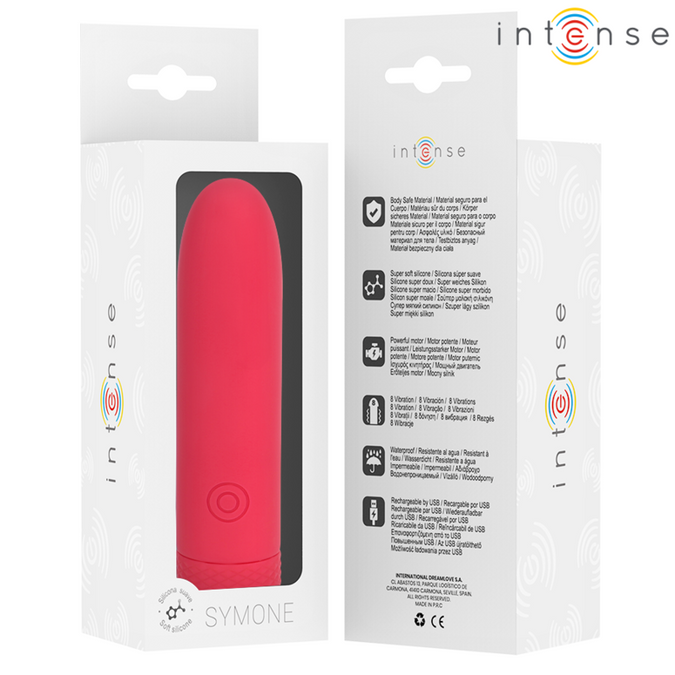 Intense – Symone USB-oplaadbare trillende bullet met 8 vibraties Rood 10 x 2,2 cm
