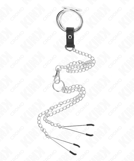 KINK - TRIPLE CHROME METAL PENIS RING 3 CM TO 4.5 CM WITH 26 CM METAL CHAIN AND NIPPLE CLIPS KINK - TRIPLE CHROME METAL PENIS RING 3 CM TO 4.5 CM WITH 26 CM METAL CHAIN AND NIPPLE CLIPS