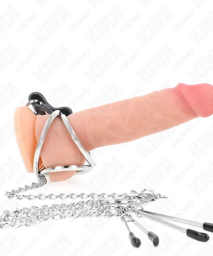 KINK - TRIPLE CHROME METAL PENIS RING 3 CM TO 4.5 CM WITH 26 CM METAL CHAIN AND NIPPLE CLIPS KINK - TRIPLE CHROME METAL PENIS RING 3 CM TO 4.5 CM WITH 26 CM METAL CHAIN AND NIPPLE CLIPS