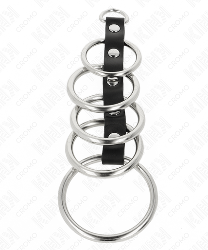 KINK - 5 METAL PENIS RINGS 3.2 CM TO 5 CM CONNECTED BY LEATHER KINK - 5 METAL PENIS RINGS 3.2 CM TO 5 CM CONNECTED BY LEATHER