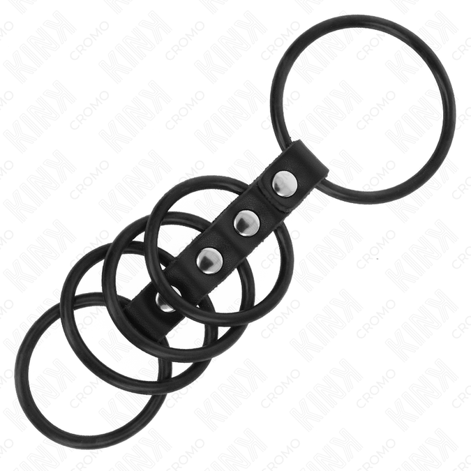 Kink – 5 Silicone Penis Rings 3.8 Cm To 4.8 Cm Connected By Leather