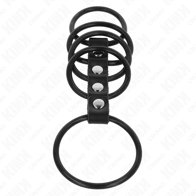 Kink – 5 Silicone Penis Rings 3.8 Cm To 4.8 Cm Connected By Leather
